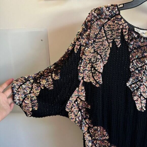 Oleg Cassini Black Silver Beaded Silk Vintage Blouse Top medium - Picture 2 of 8